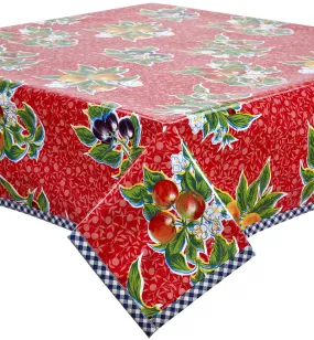 Plum Red Oilcloth Tablecloth with Navy Gingham Trim