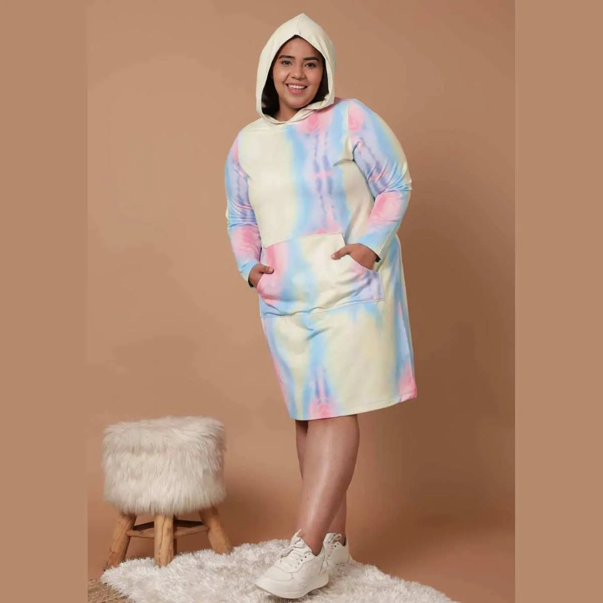 Plus Size Tie Dye Printed Sweatshirt Hoodie Winter Dress