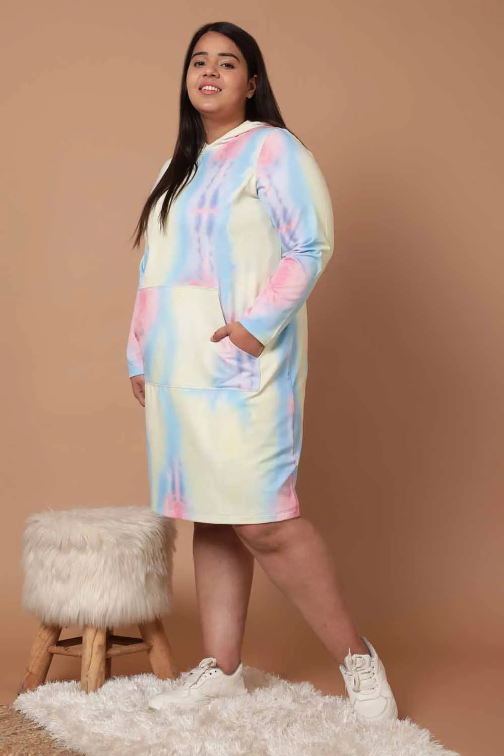 Plus Size Tie Dye Printed Sweatshirt Hoodie Winter Dress