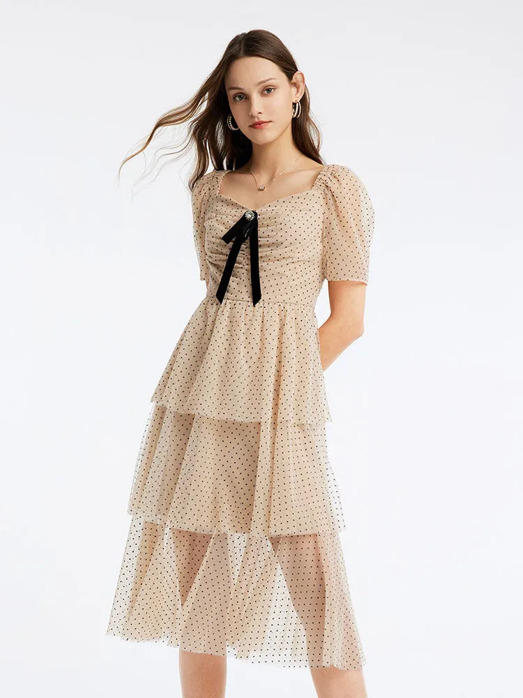 Polka Dot Mesh Square Neck Midi Dress