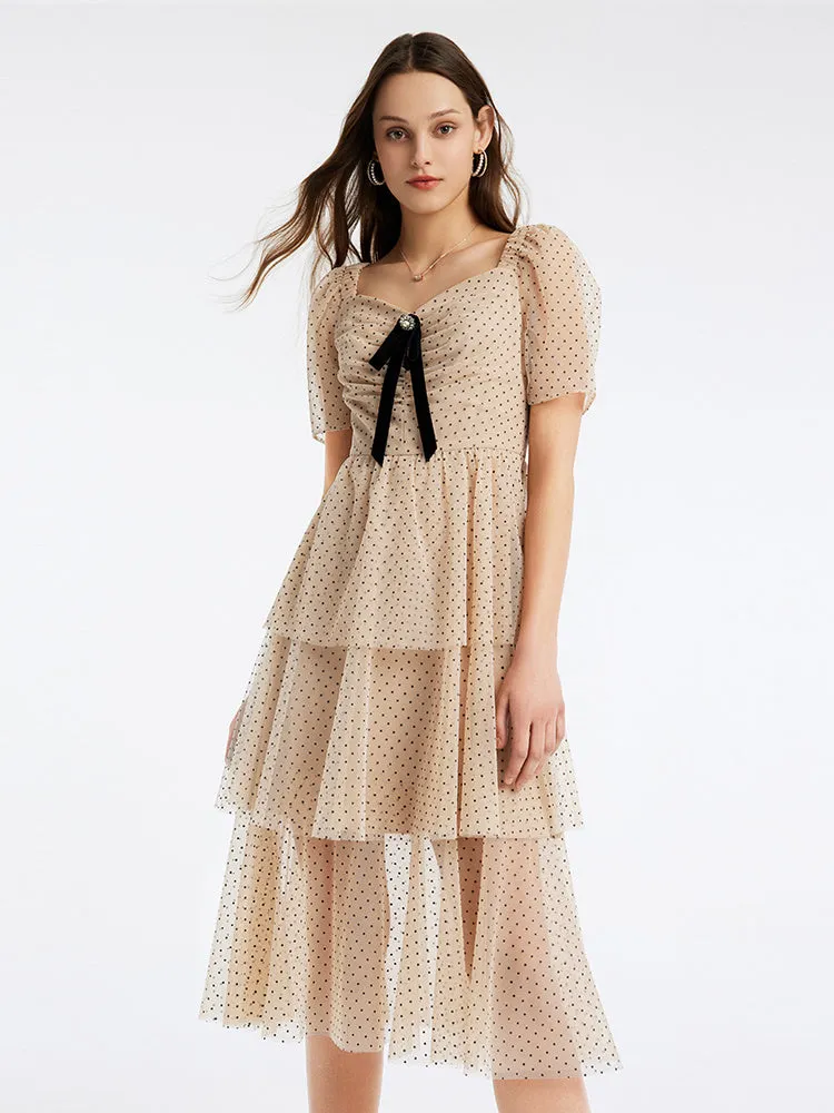 Polka Dot Mesh Square Neck Midi Dress