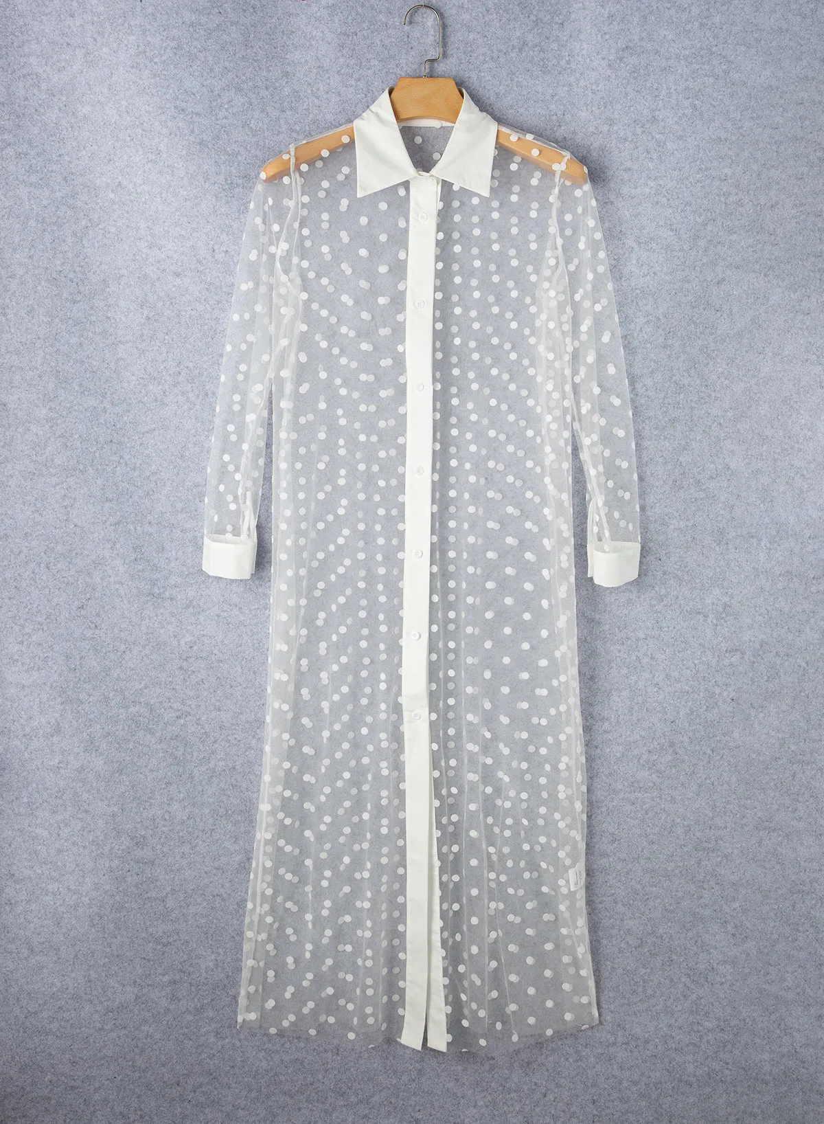 Polka Dot Print Collared Buttoned Mesh Duster Kimono