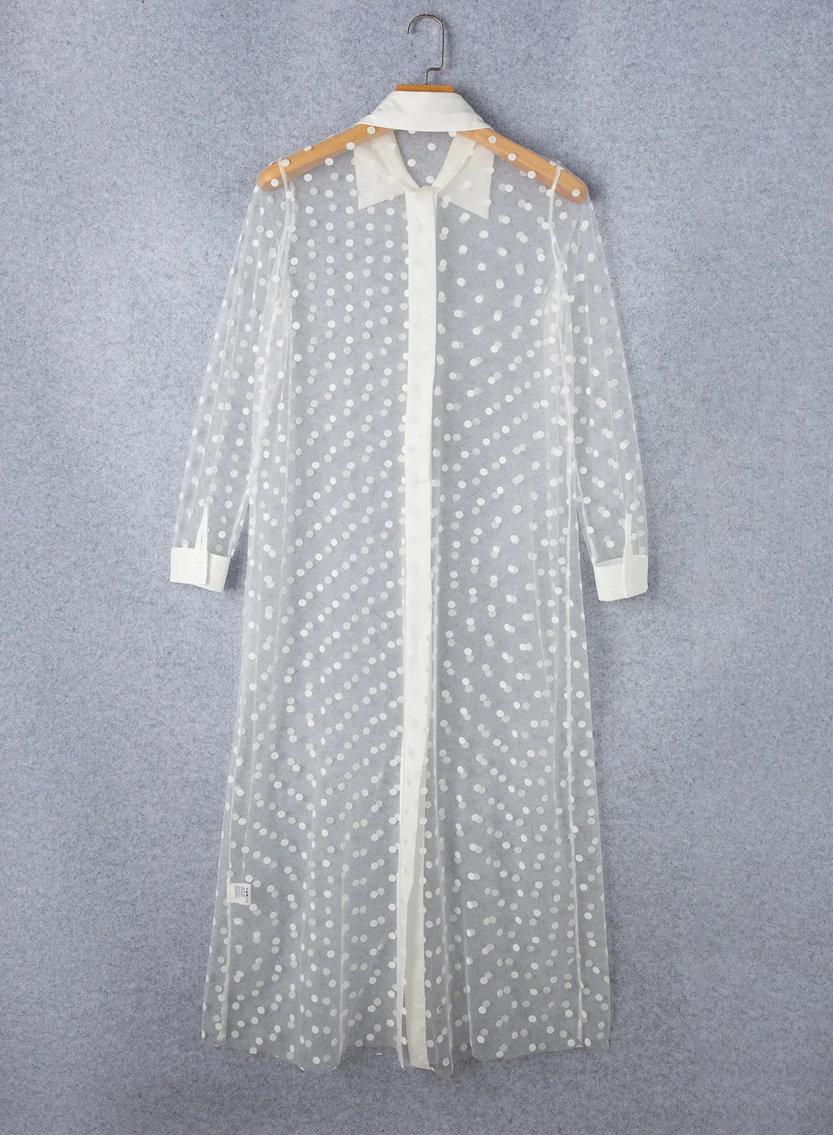 Polka Dot Print Collared Buttoned Mesh Duster Kimono