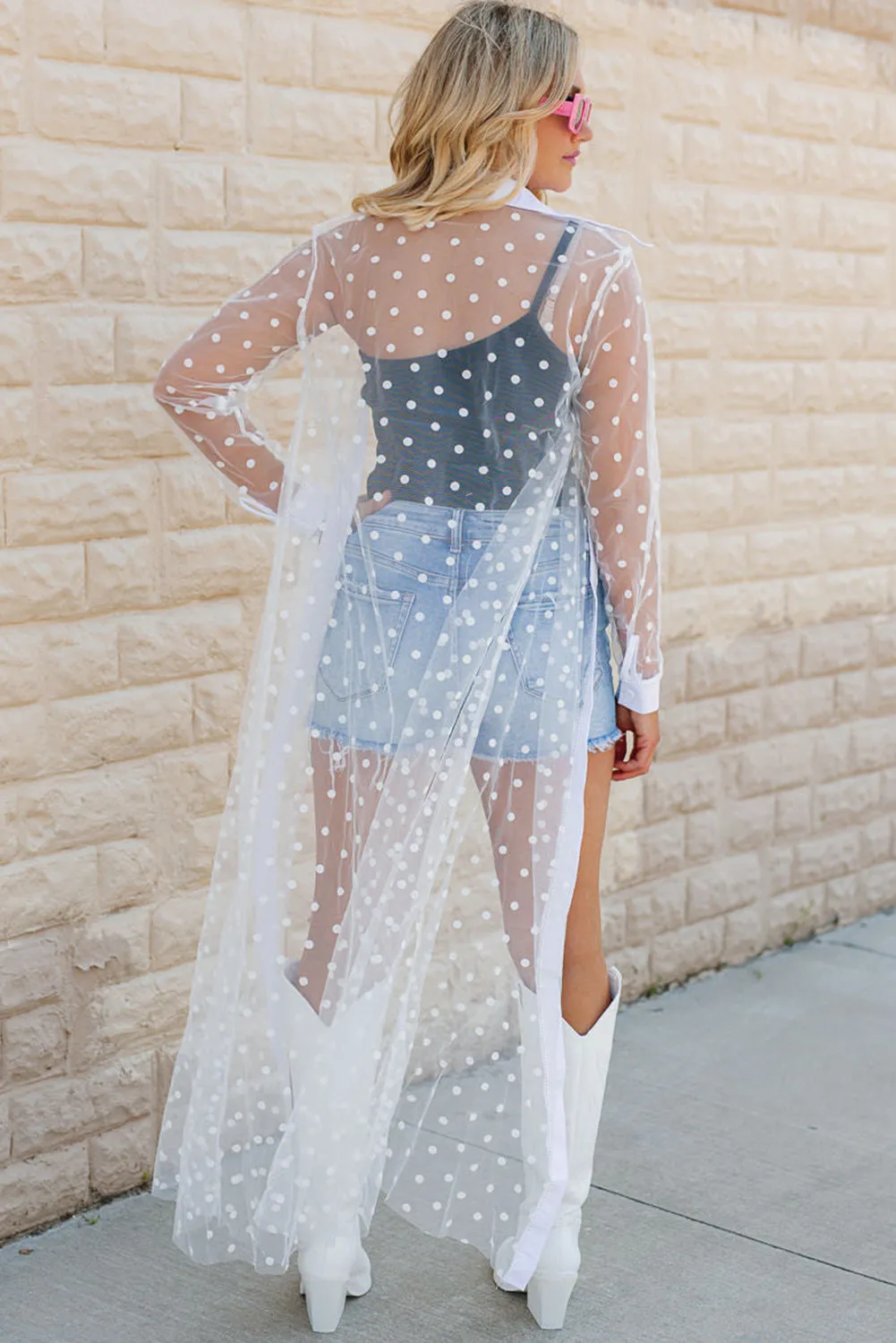 Polka Dot Print Collared Buttoned Mesh Duster Kimono