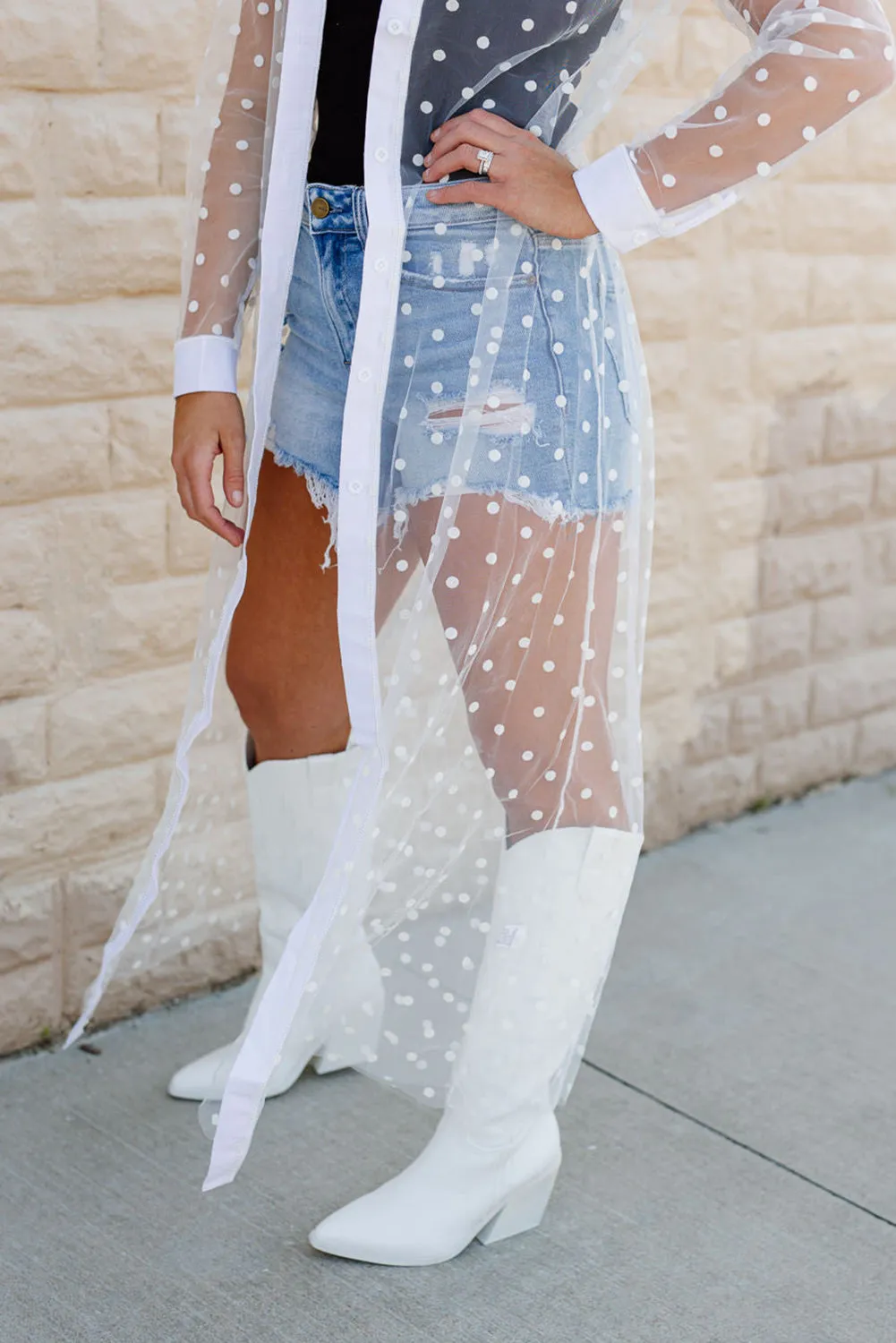 Polka Dot Print Collared Buttoned Mesh Duster Kimono