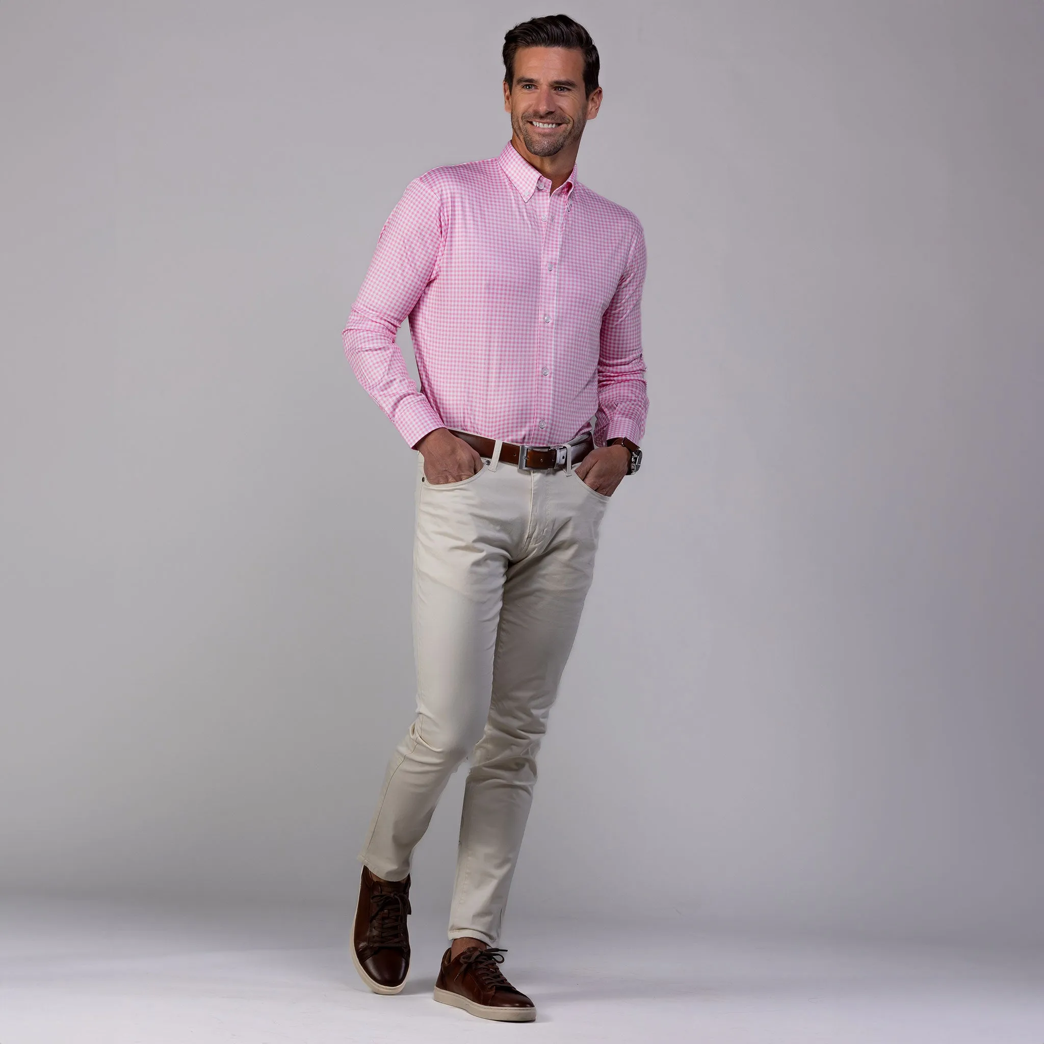 Quattro Flex Dress Shirt with Button Down Collar Pink Gingham