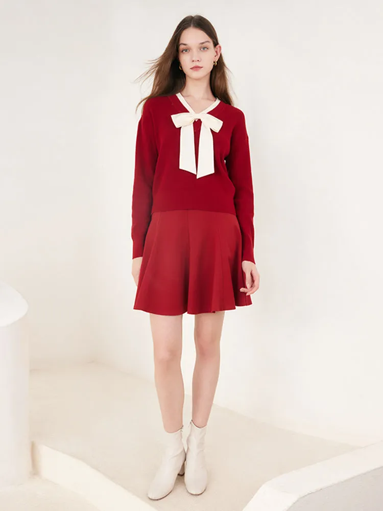 Red Bowknot Patchwork Woven Sweater