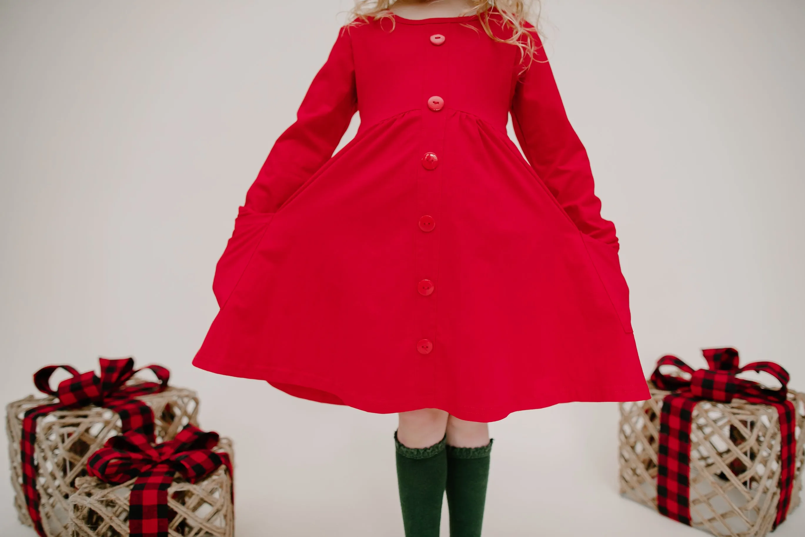 RED BUTTONED WITH POCKET TWIRL DRESS