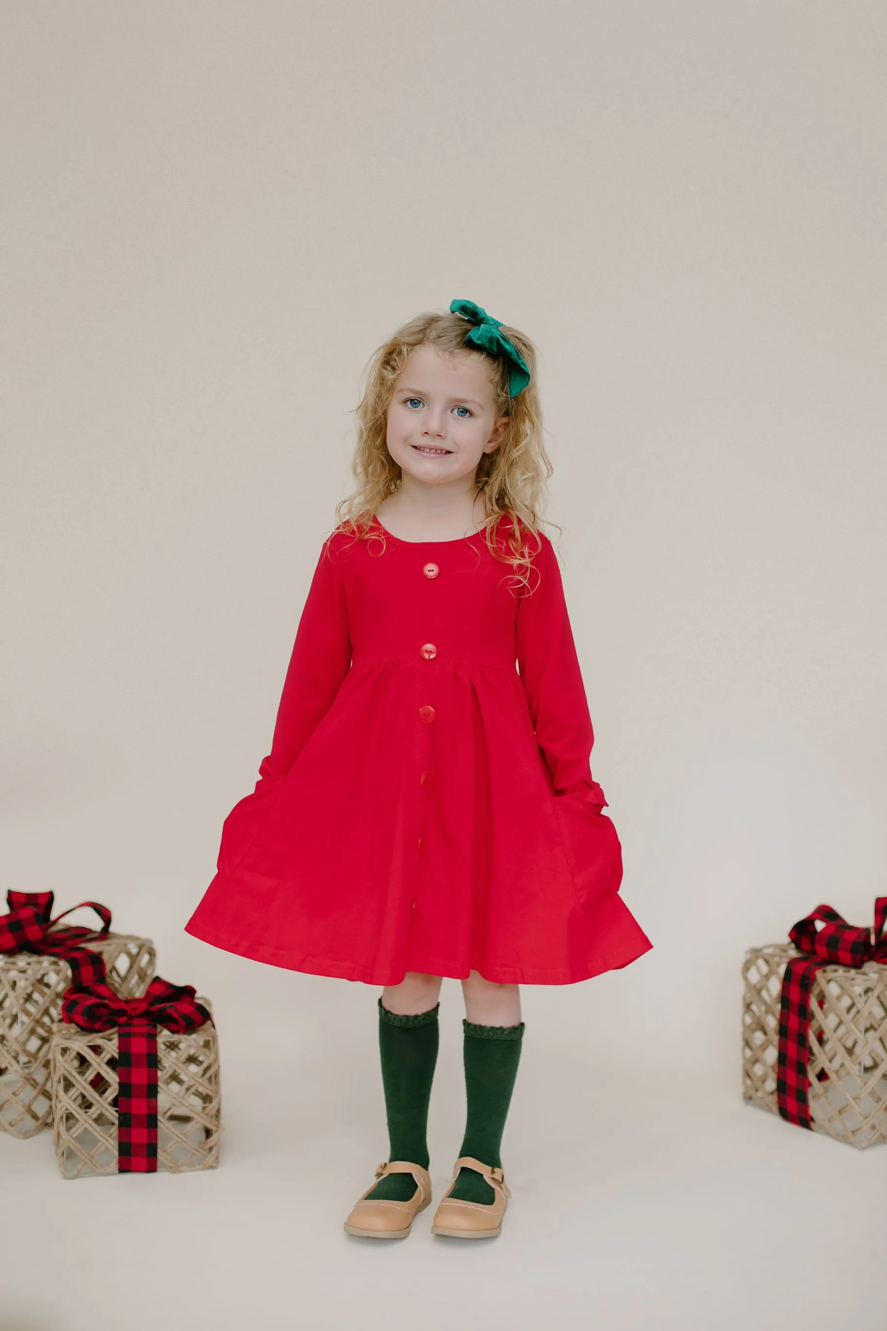 RED BUTTONED WITH POCKET TWIRL DRESS