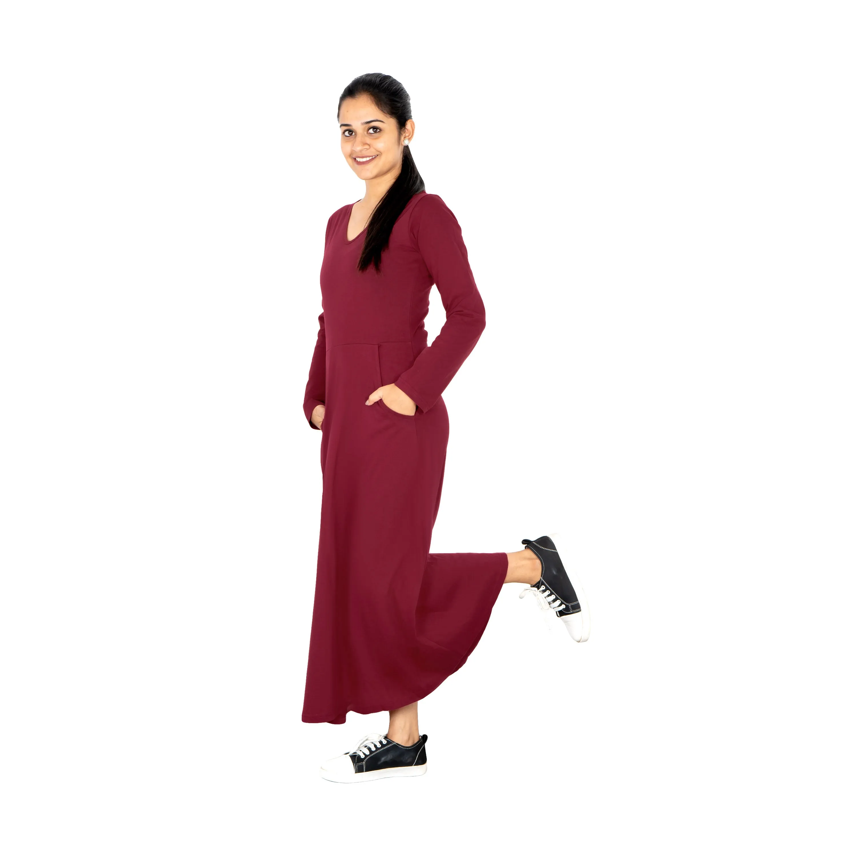 Red Diamond Long Sleeve Midi Dress (With Waist Seam) [FINAL SALE]