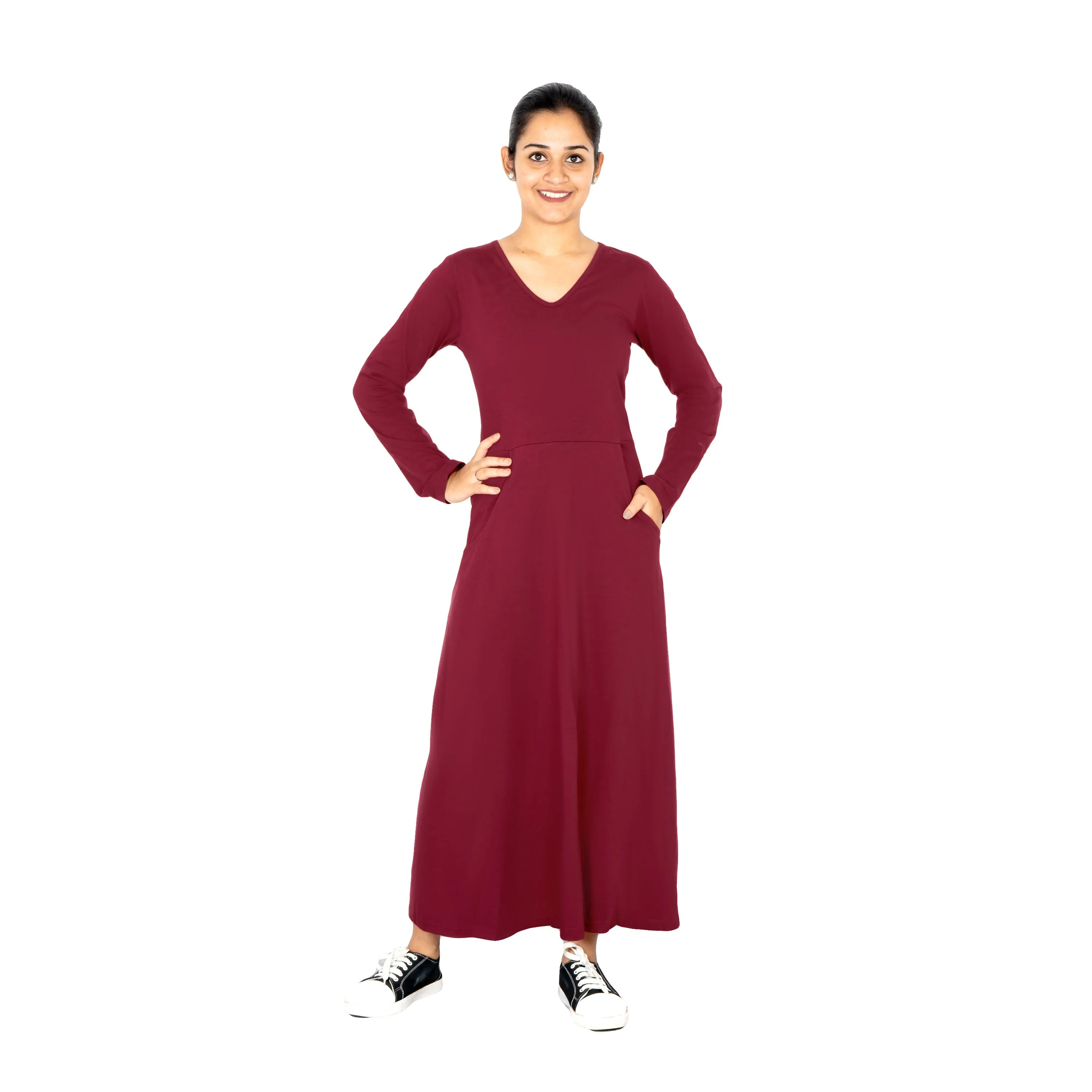 Red Diamond Long Sleeve Midi Dress (With Waist Seam) [FINAL SALE]