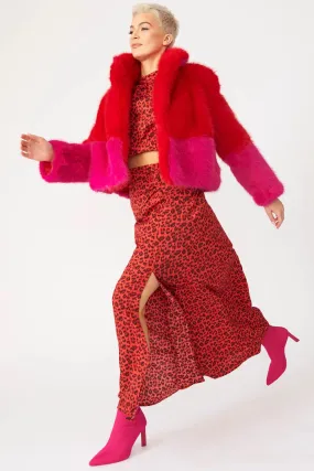 Red Pink Bamboo Faux Fur Double Cropped Coat