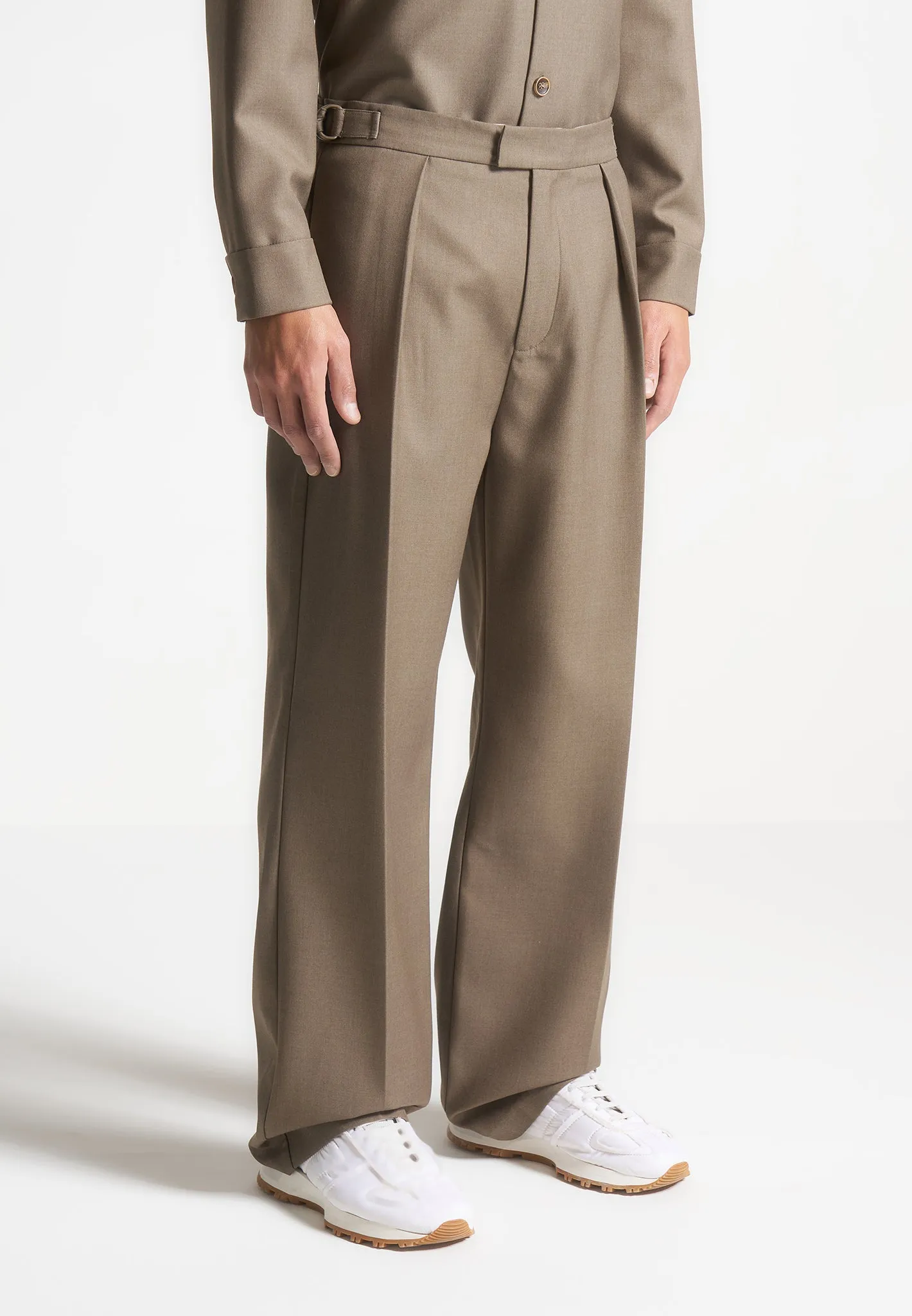 Relaxed Fit Hatched Pleated Tailored Trousers - Khaki