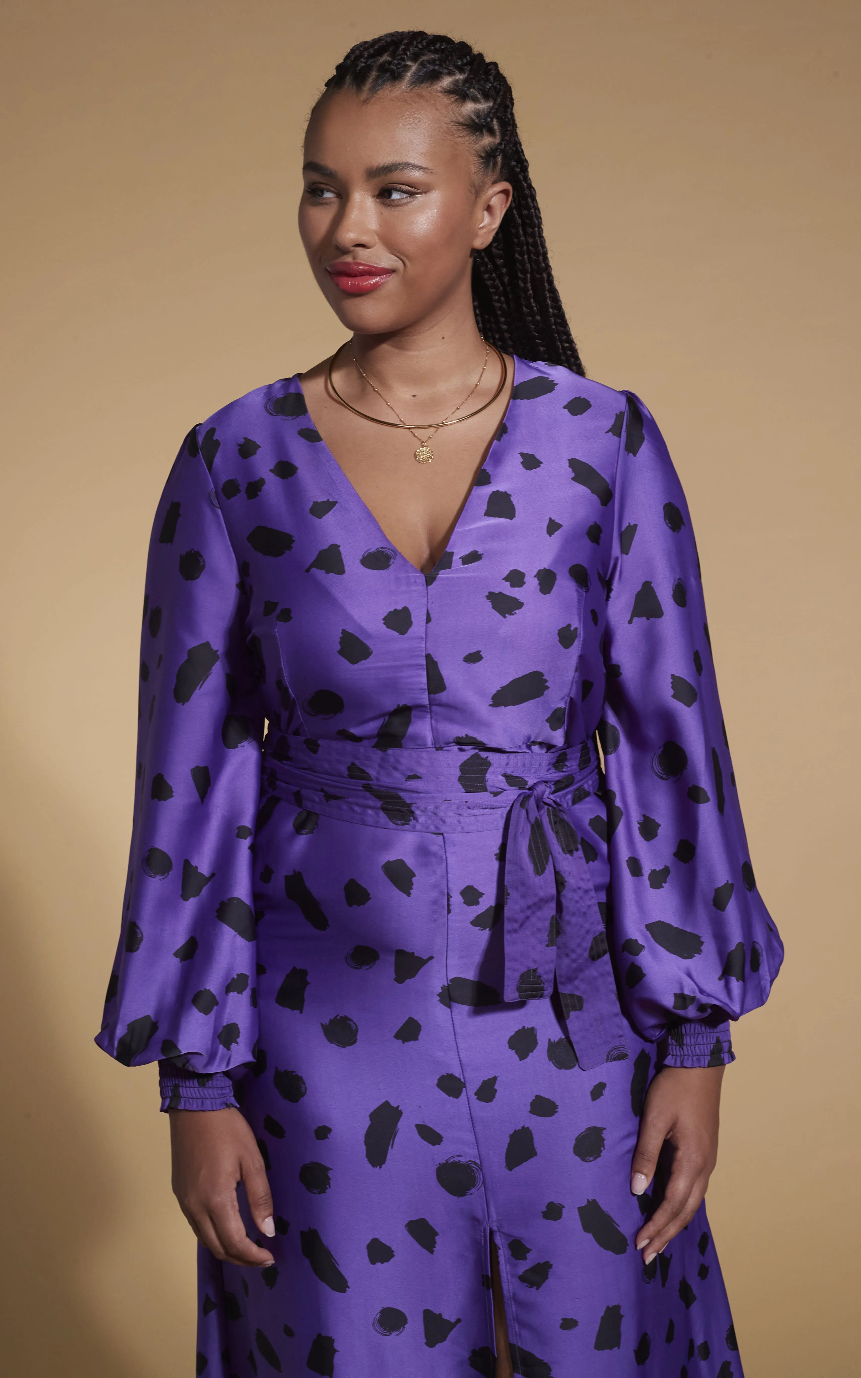 Remy Dress In Abstract Dot Black On Purple- Extended Sizing