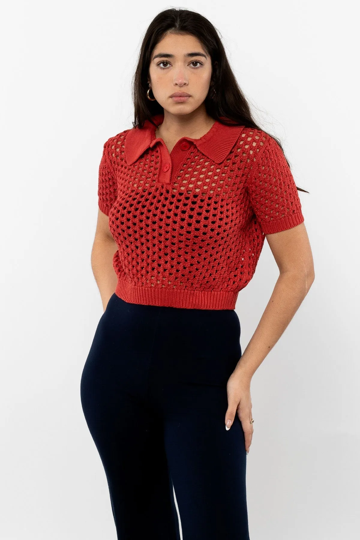 RFK54 - Mesh Knit Cropped Polo Sweater