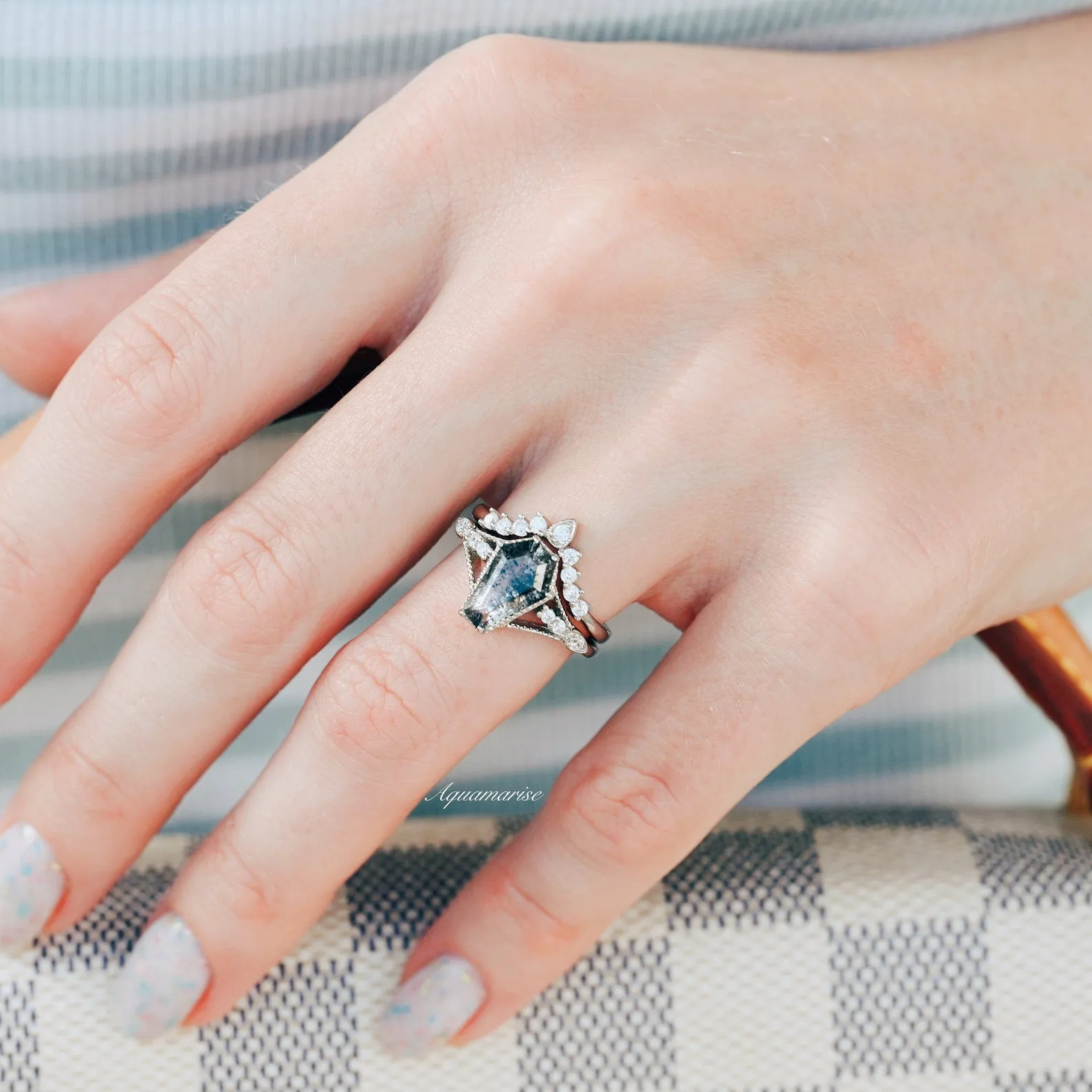 Salt and Pepper Diamond Ring (Herkimer Diamond)- 925 Sterling Silver