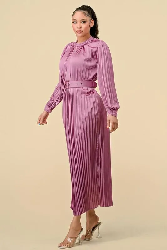 SATIN PLEATED MOCK NECK LONG DRESS W/ NECK DETAILS