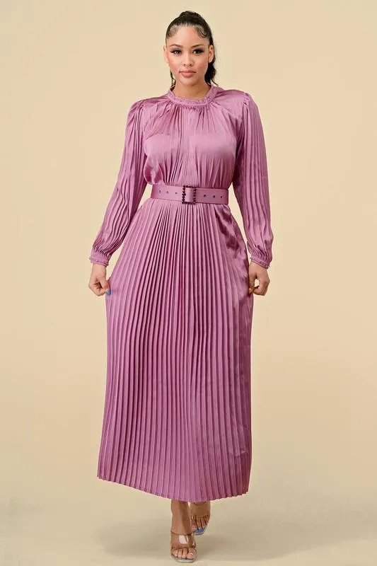 SATIN PLEATED MOCK NECK LONG DRESS W/ NECK DETAILS