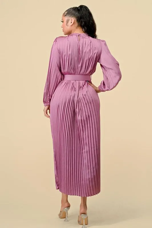 SATIN PLEATED MOCK NECK LONG DRESS W/ NECK DETAILS