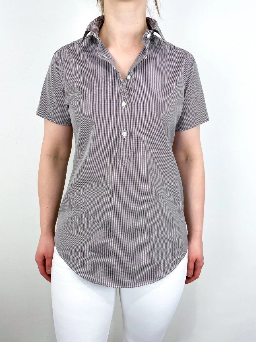 Short Sleeved Tomboy Popover Shirt in Brown Micro Gingham Poplin