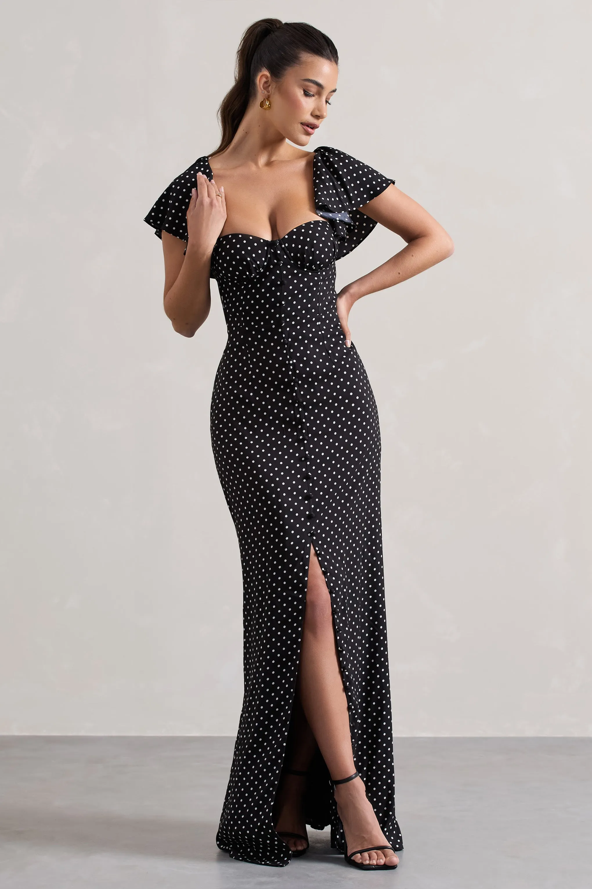 Signorina | Black Polka Dot Buttoned Maxi Dress With Flounced Short Sleeves