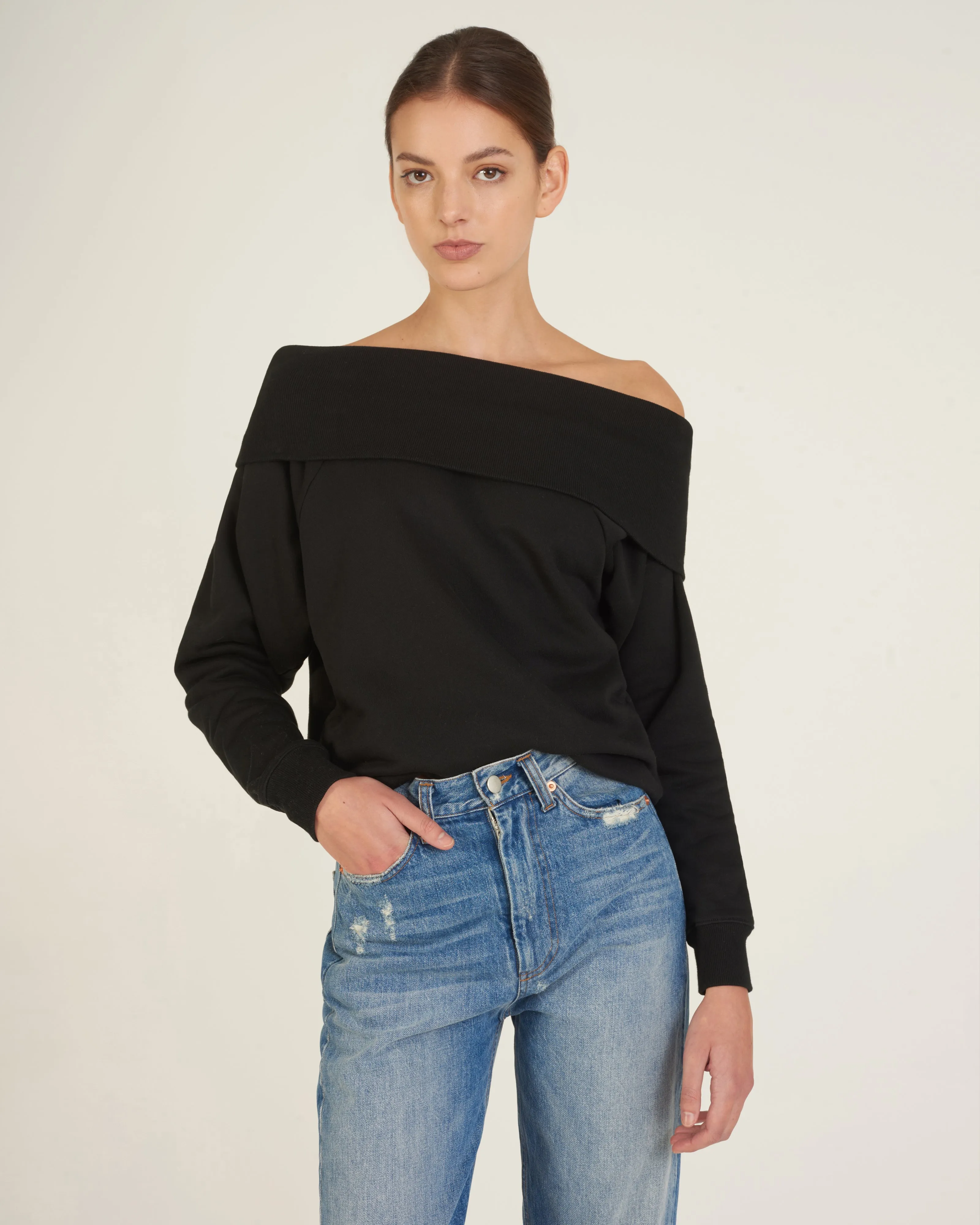 So Relaxed Off The Shoulder Plush Sweatshirt in Black