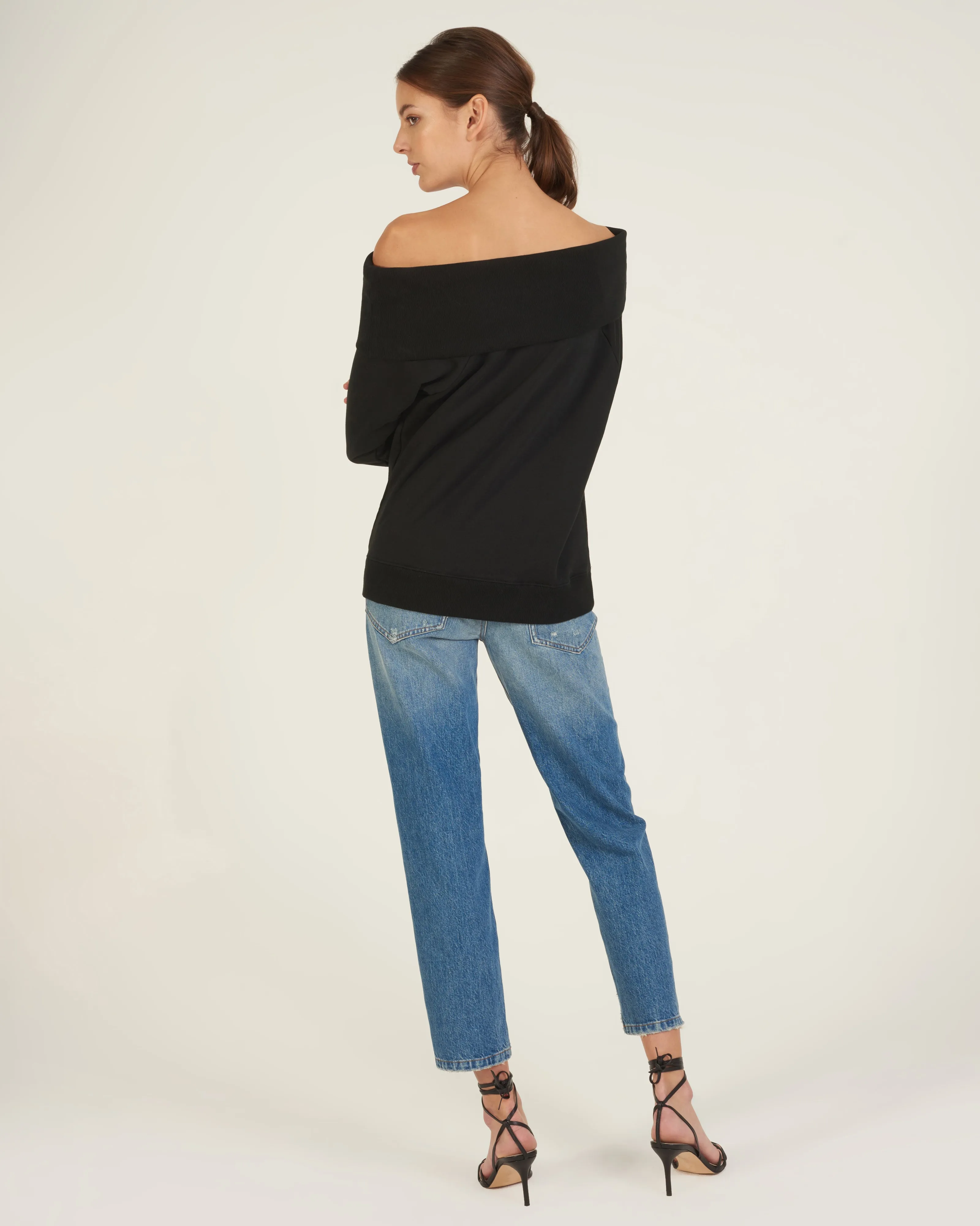 So Relaxed Off The Shoulder Plush Sweatshirt in Black