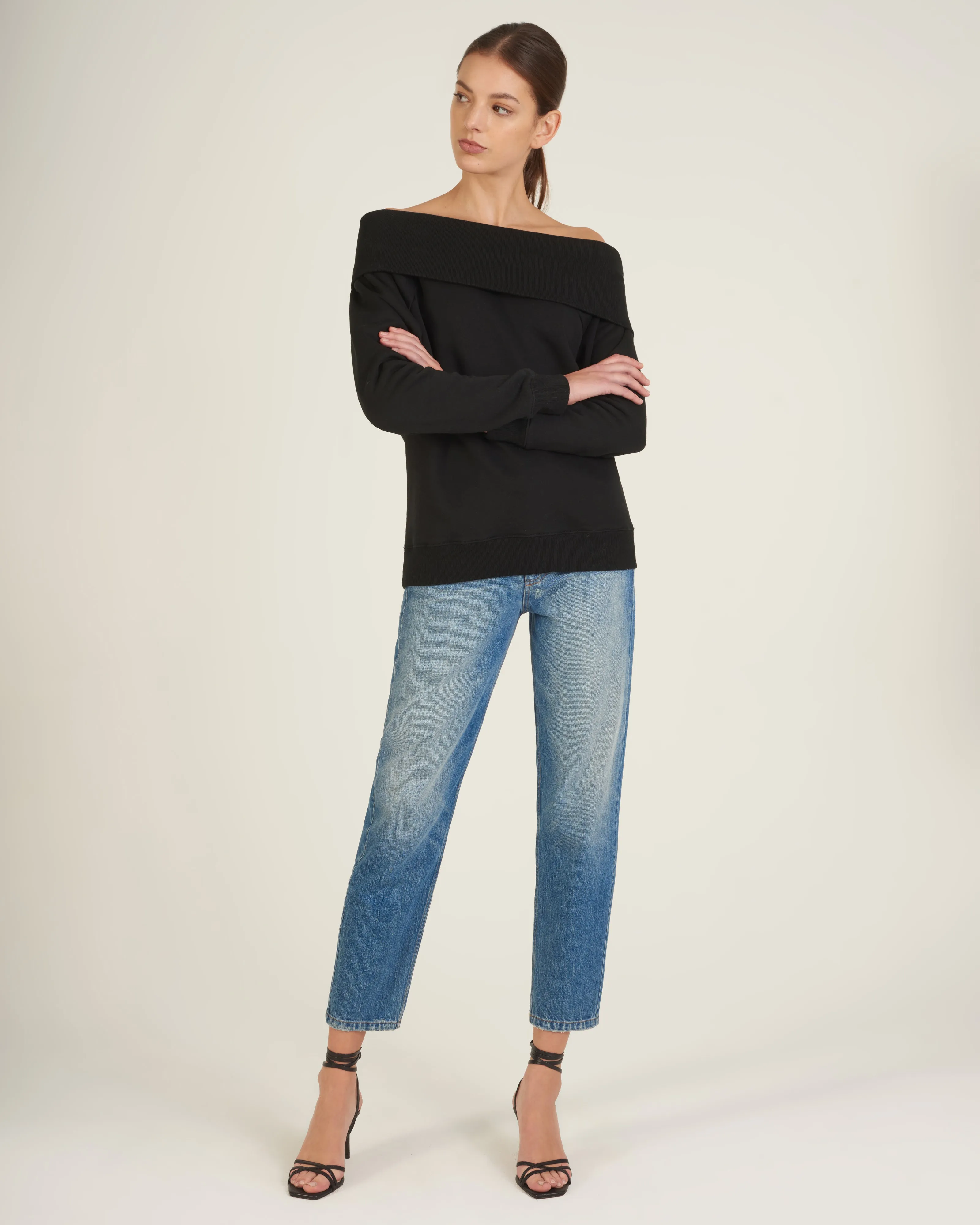 So Relaxed Off The Shoulder Plush Sweatshirt in Black