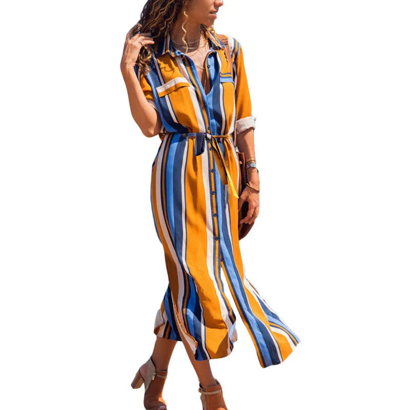 Stripe Shirt  Dress Spring Summer Chiffon V-neck Maxi Dresses  Elegant Casual Girl Lace Women Long Sleeve