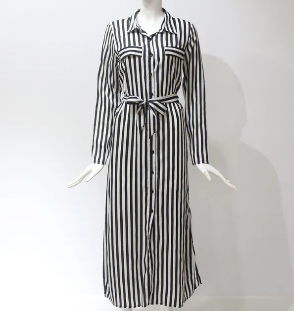 Stripe Shirt  Dress Spring Summer Chiffon V-neck Maxi Dresses  Elegant Casual Girl Lace Women Long Sleeve