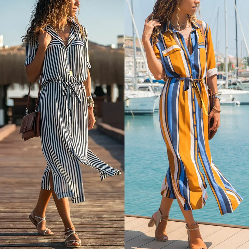 Stripe Shirt  Dress Spring Summer Chiffon V-neck Maxi Dresses  Elegant Casual Girl Lace Women Long Sleeve