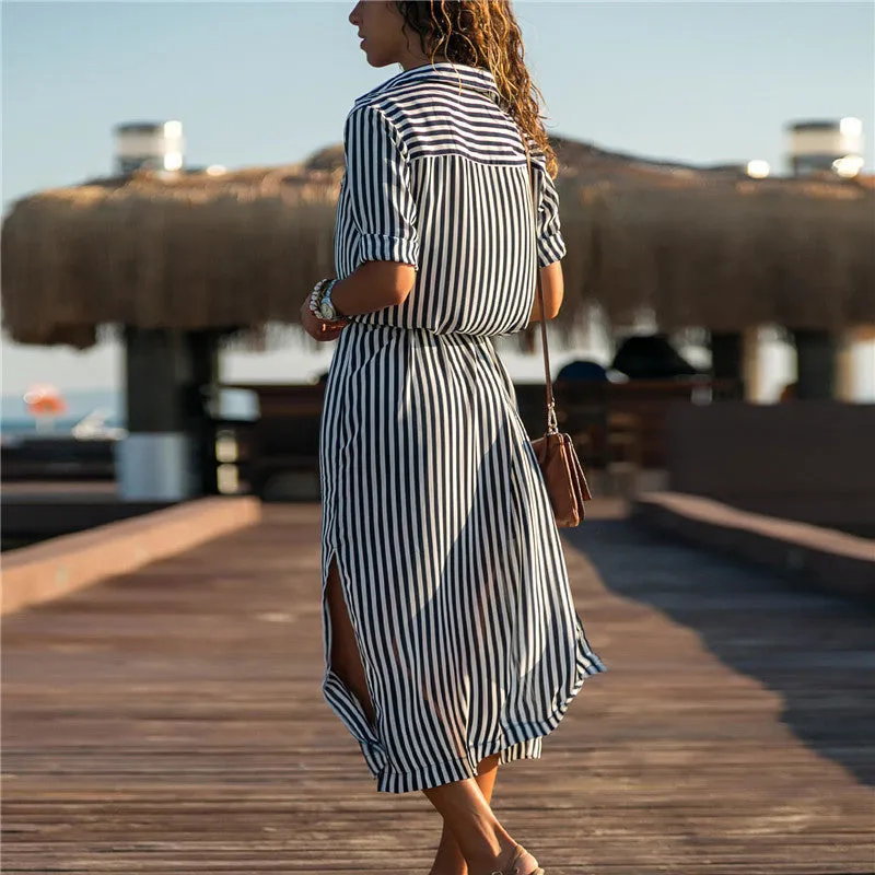 Stripe Shirt  Dress Spring Summer Chiffon V-neck Maxi Dresses  Elegant Casual Girl Lace Women Long Sleeve