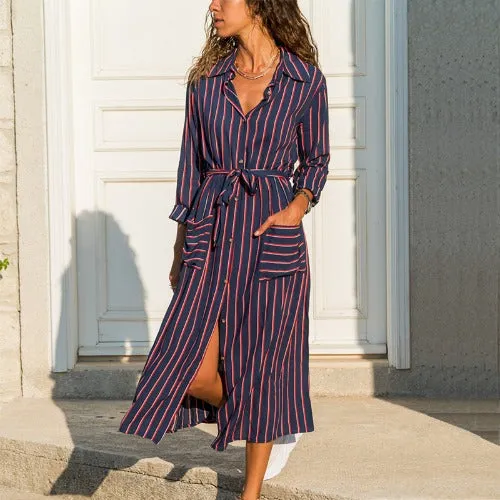 Stripe Shirt  Dress Spring Summer Chiffon V-neck Maxi Dresses  Elegant Casual Girl Lace Women Long Sleeve