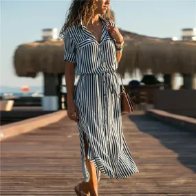 Stripe Shirt  Dress Spring Summer Chiffon V-neck Maxi Dresses  Elegant Casual Girl Lace Women Long Sleeve