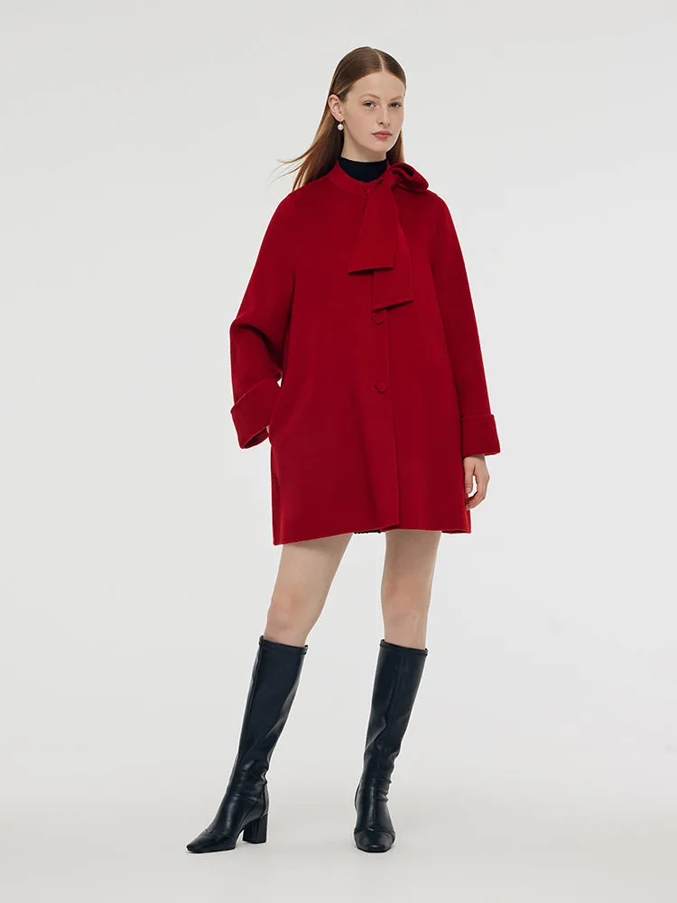 Tencel Wool Women Coat With Detachable Bowknot