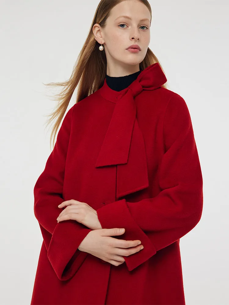 Tencel Wool Women Coat With Detachable Bowknot