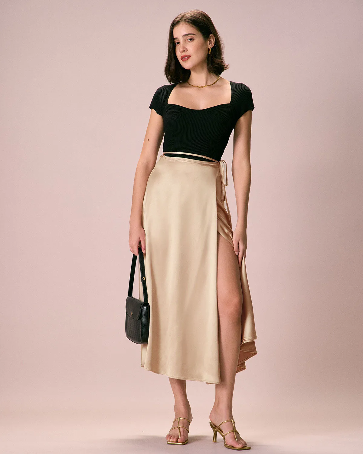 The Khaki Satin Lace-Up Wrap Midi Skirt