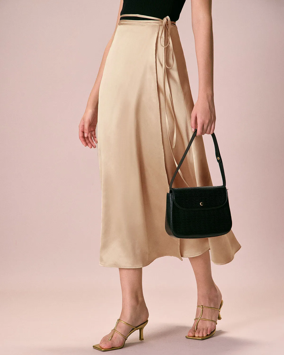 The Khaki Satin Lace-Up Wrap Midi Skirt