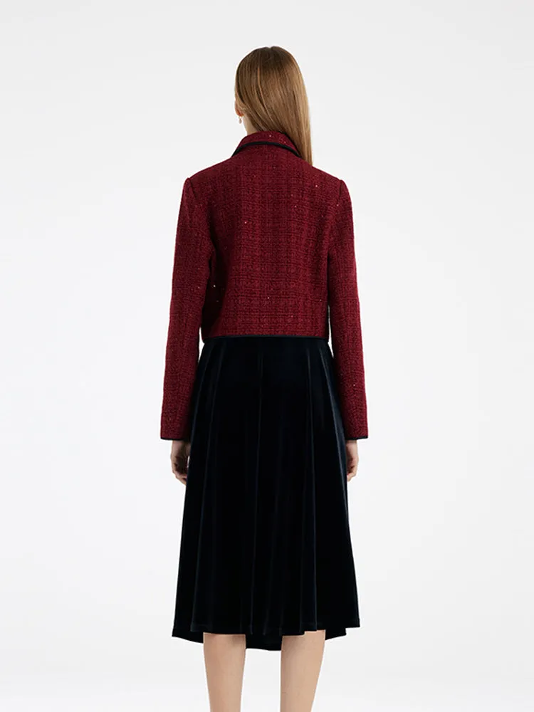 Tweed Jacket And Velvet Skirt Two-Piece Set With Detachable Bowknot