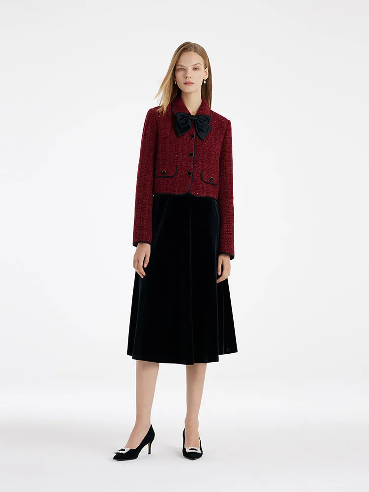 Tweed Jacket And Velvet Skirt Two-Piece Set With Detachable Bowknot