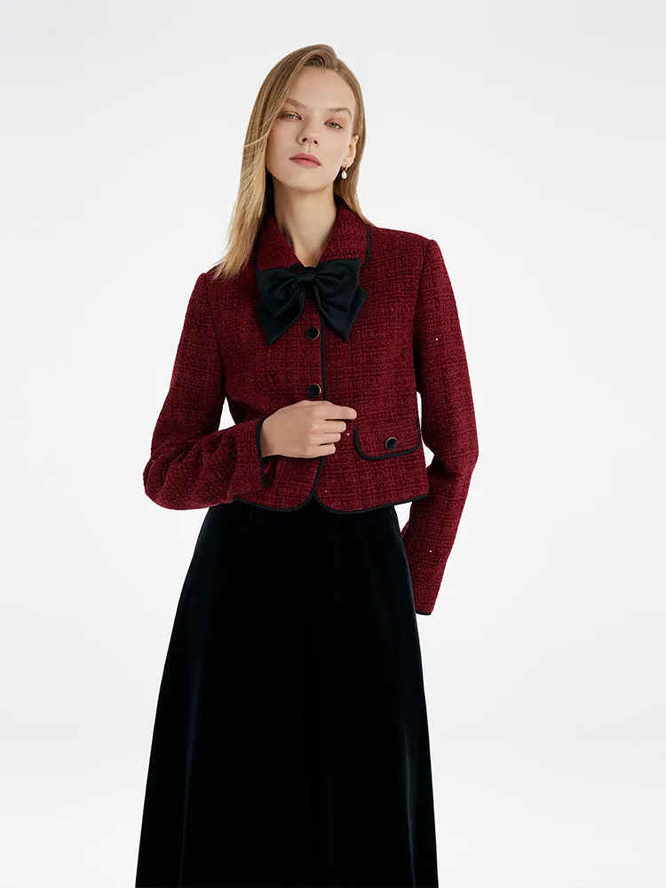 Tweed Jacket And Velvet Skirt Two-Piece Set With Detachable Bowknot