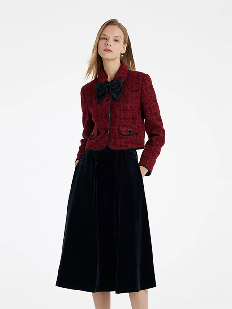 Tweed Jacket And Velvet Skirt Two-Piece Set With Detachable Bowknot