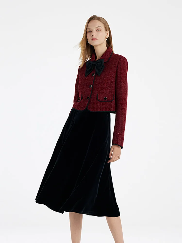 Tweed Jacket And Velvet Skirt Two-Piece Set With Detachable Bowknot