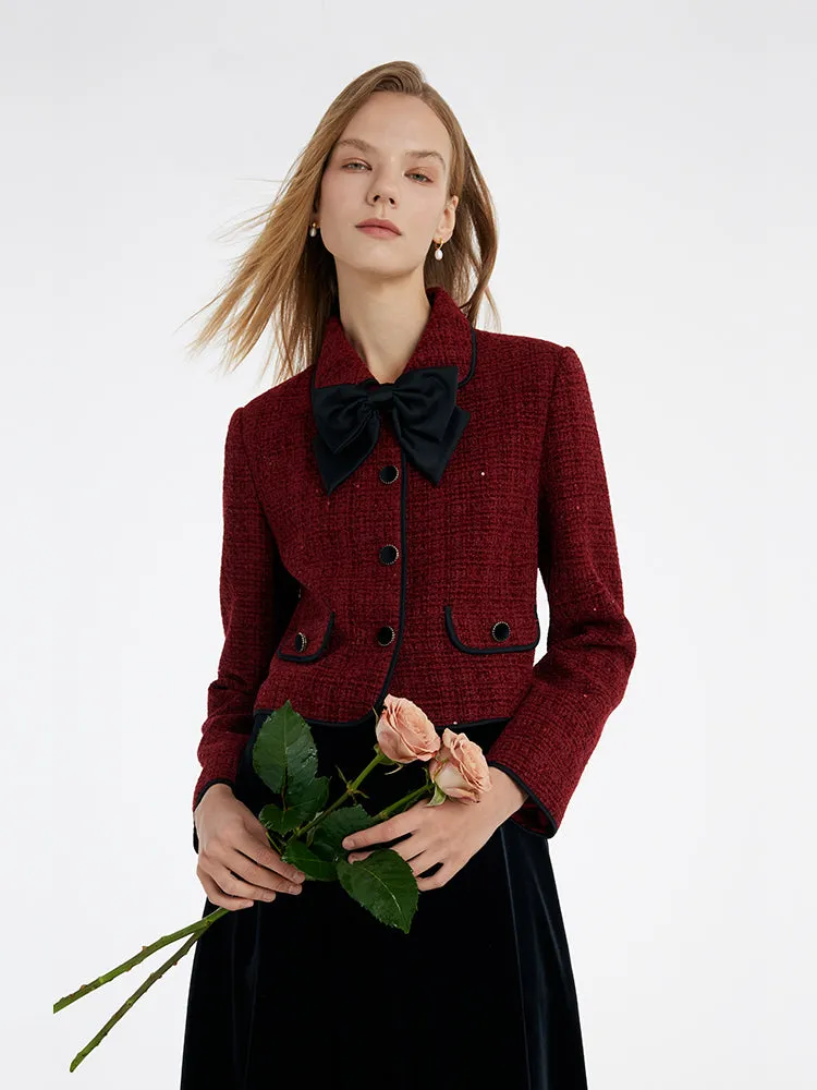 Tweed Jacket And Velvet Skirt Two-Piece Set With Detachable Bowknot