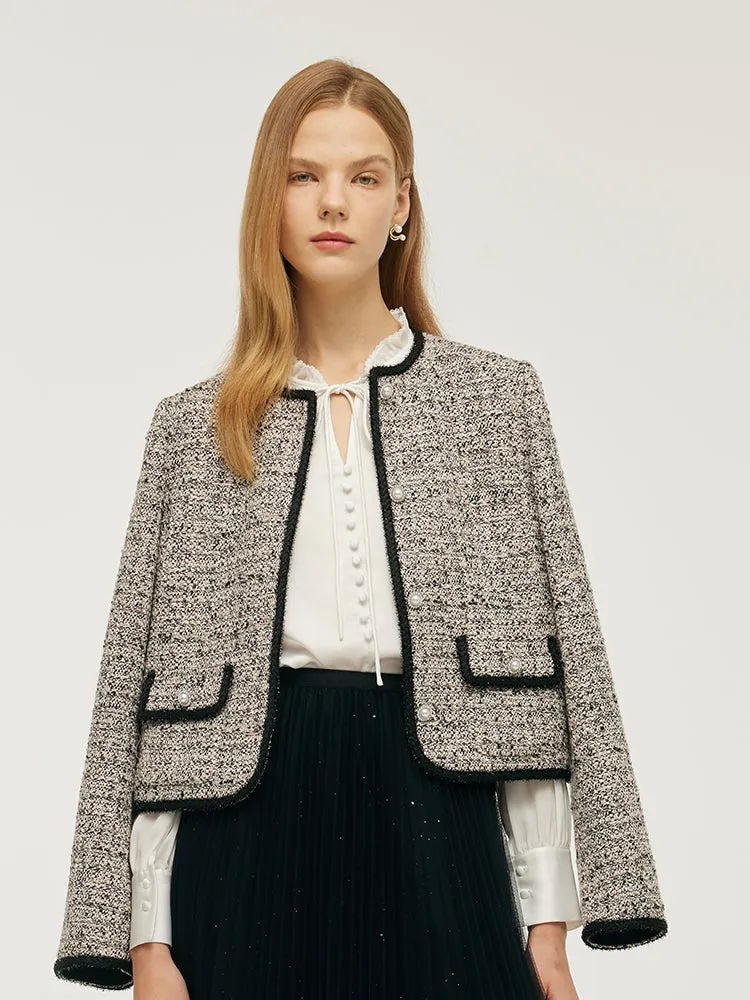 Tweed Women Crop Jacket With Detachable Bowknot