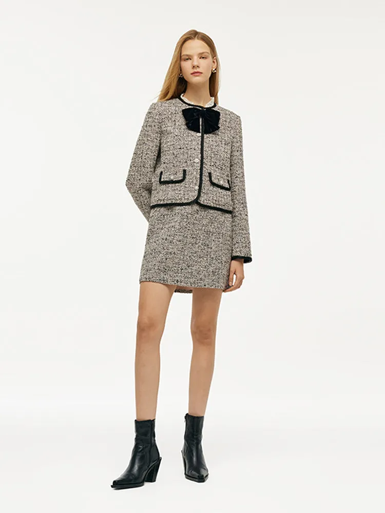 Tweed Women Crop Jacket With Detachable Bowknot