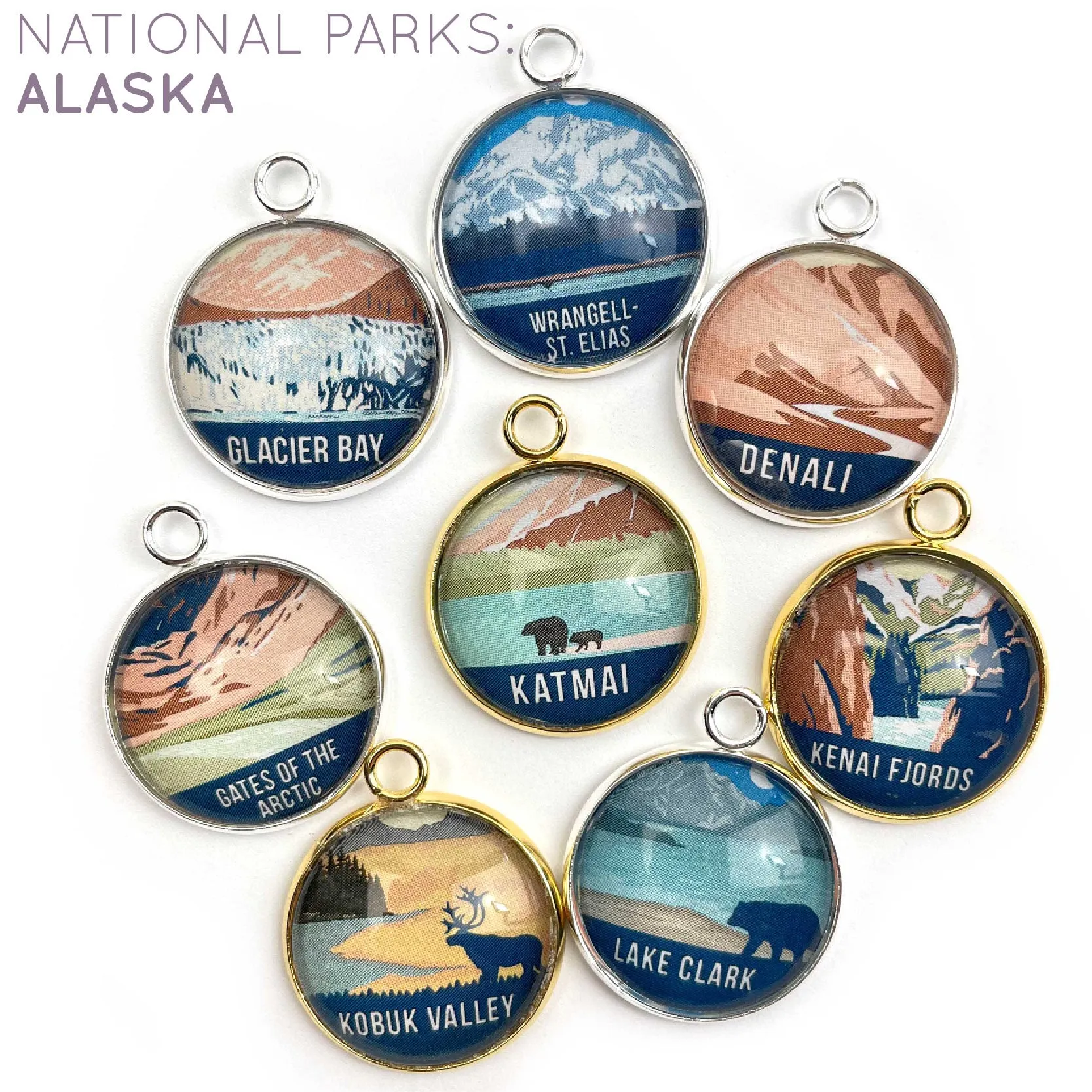 U.S. National Parks Charms for Jewelry Making – Glacier, Yosemite, Acadia, Zion, Yellowstone – 63 Colorful Glass Bulk Designer Charms