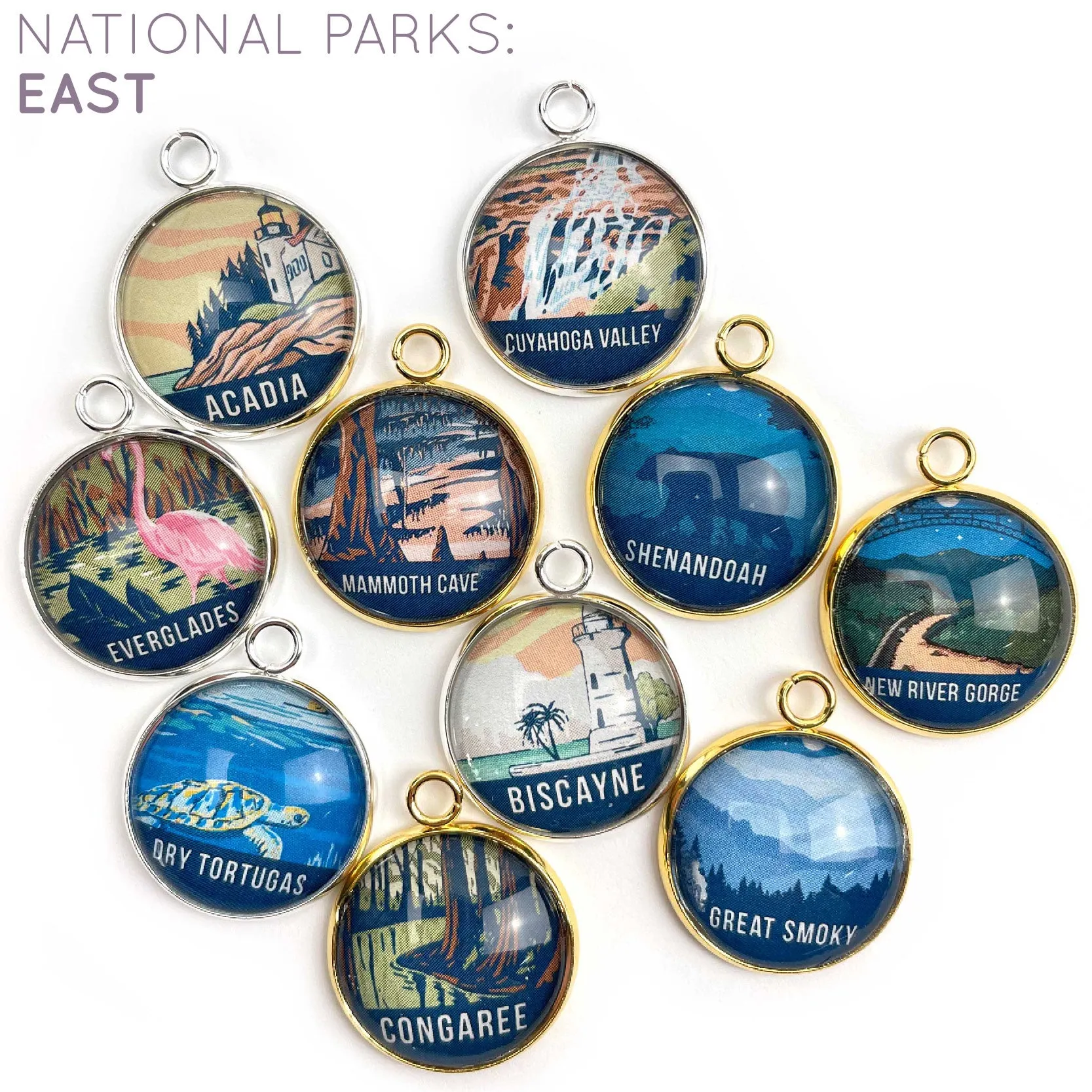 U.S. National Parks Charms for Jewelry Making – Glacier, Yosemite, Acadia, Zion, Yellowstone – 63 Colorful Glass Bulk Designer Charms