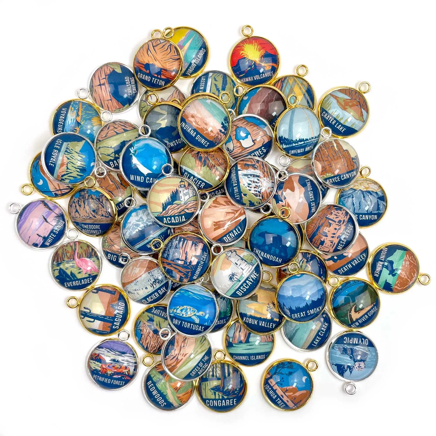 U.S. National Parks Charms for Jewelry Making – Glacier, Yosemite, Acadia, Zion, Yellowstone – 63 Colorful Glass Bulk Designer Charms