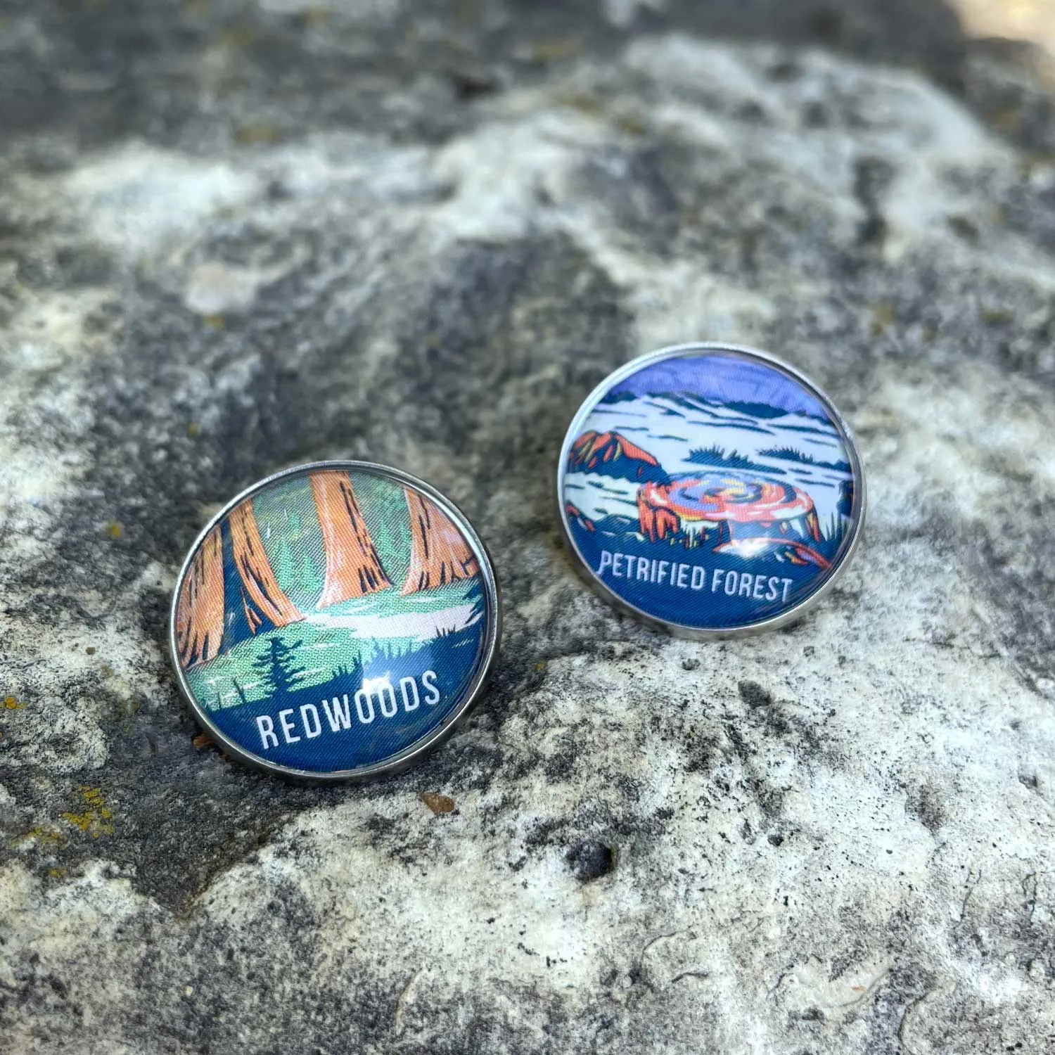 U.S. National Parks Glass Pinback Buttons, Lapel Pins – Glacier, Yosemite, Acadia, Zion, Yellowstone